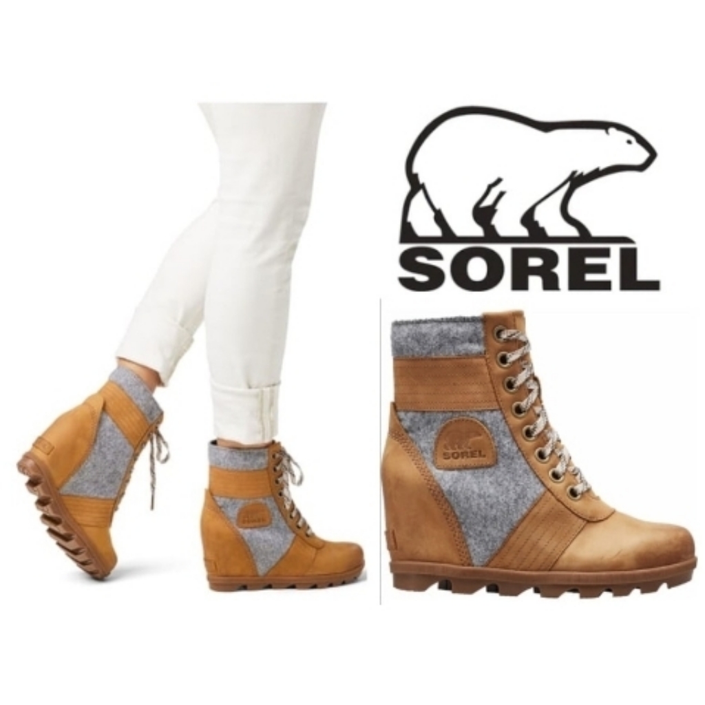 New Like! Sorel Lexie Wedge Leather Boots Tan And Gray Womens Size 6.5